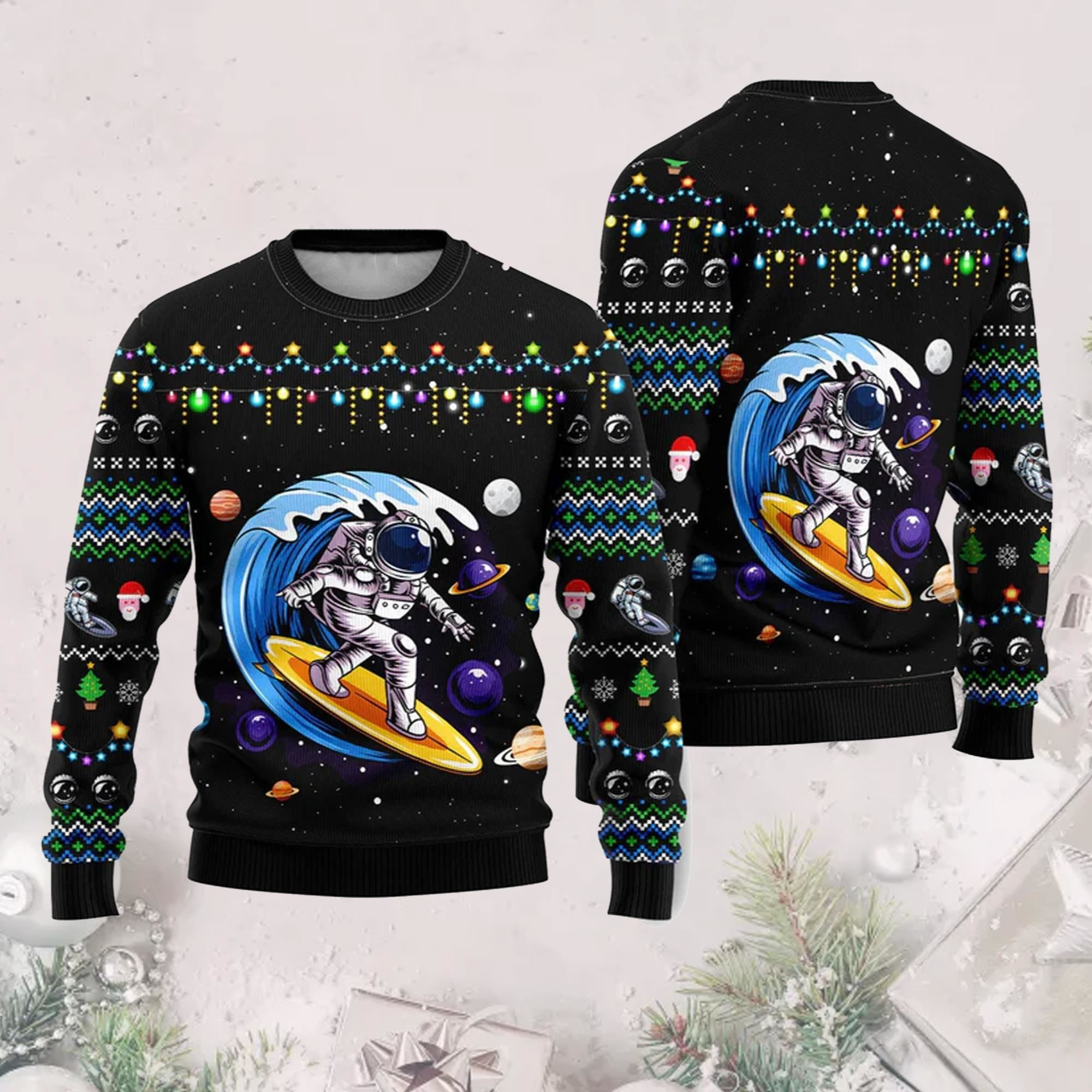 Astronauts Surf On a Surfboard In Space Ugly Christmas Sweater