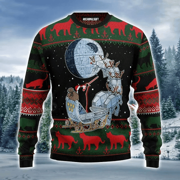 Black Cat Sleigh to Death Star Ugly Christmas Sweater