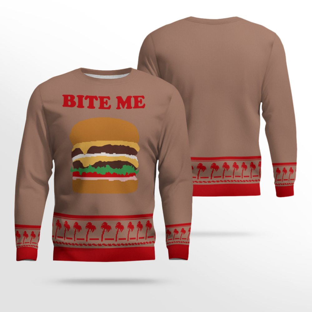 Burger Bite Me Sticker 1970 Ugly Christmas Sweater Mocha Mousse