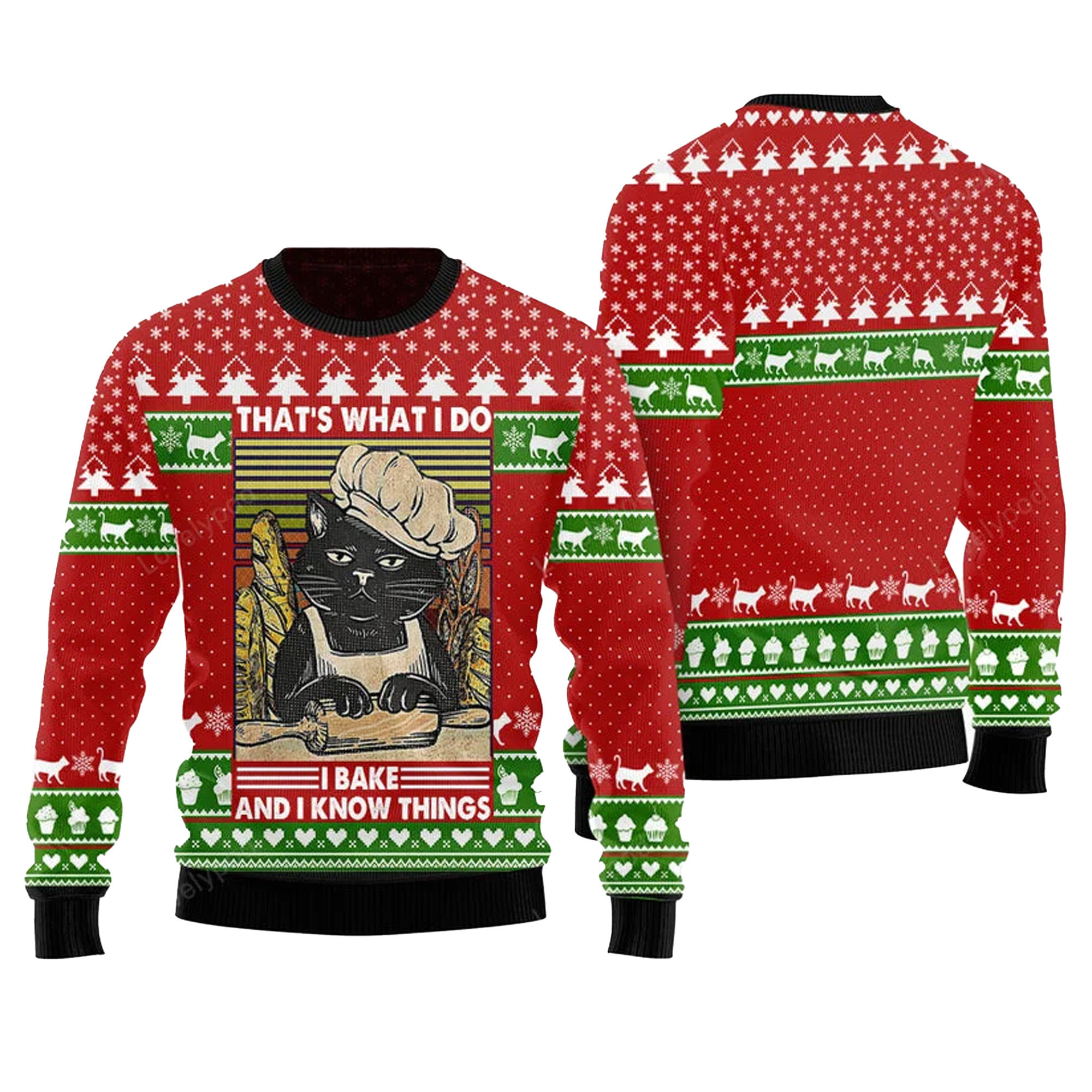 Cat Bakes Know Things 2023 Funny Ugly Christmas Sweater