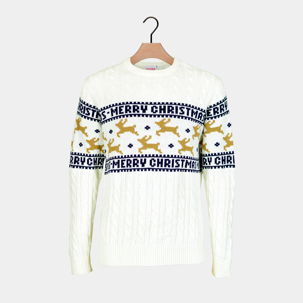 Classy White Reindeer Family Organic Cotton Ugly Christmas Sweater