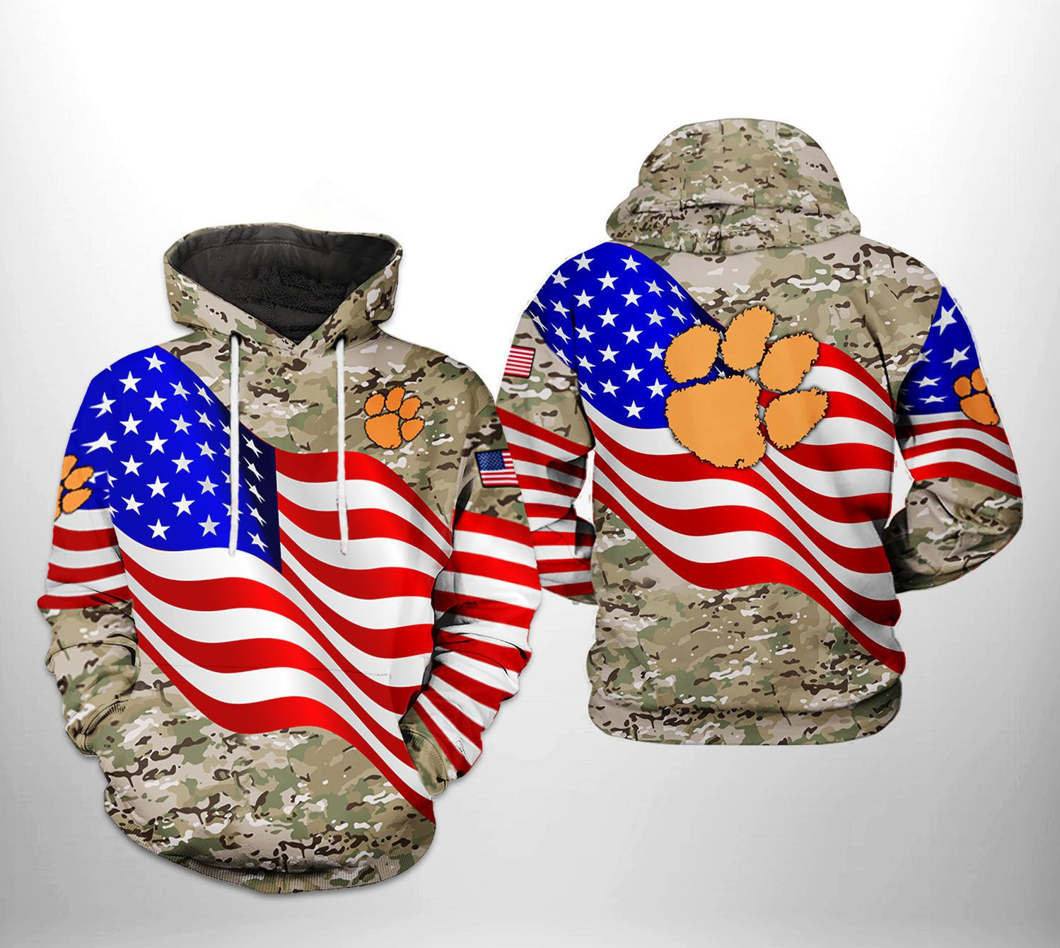 Clemson Tigers NCAA US Flag Camo Veteran Hoodie Zip Hoodie