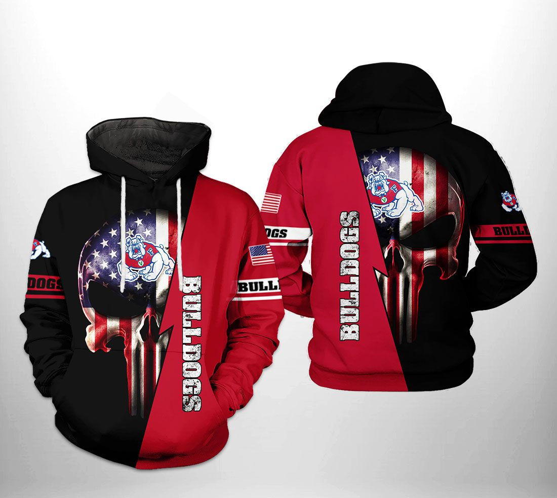 Fresno State Bulldogs NCAA US Flag Skull Hoodie Zip Hoodie