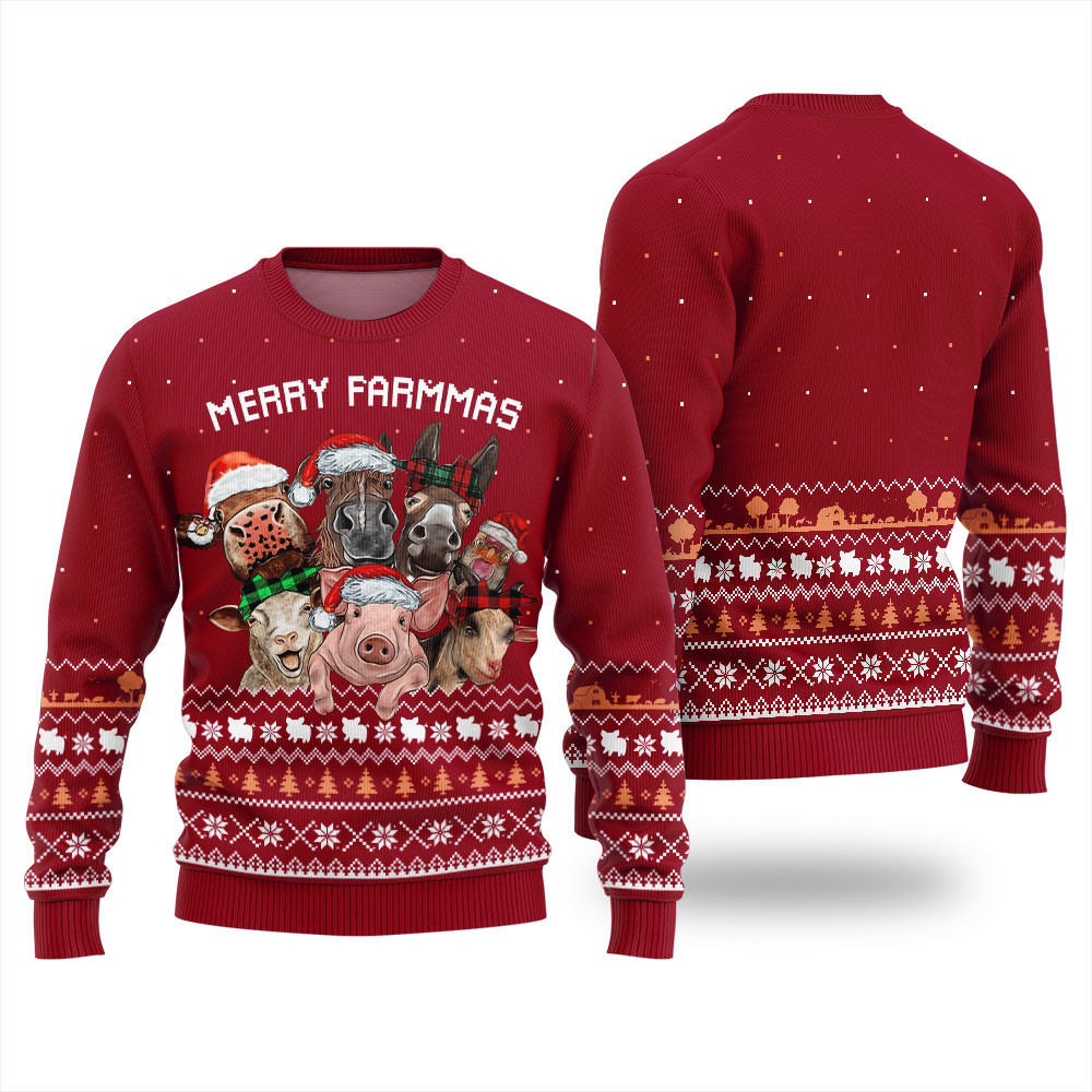 Funny Merry Farmmas Ugly Christmas Sweater Red