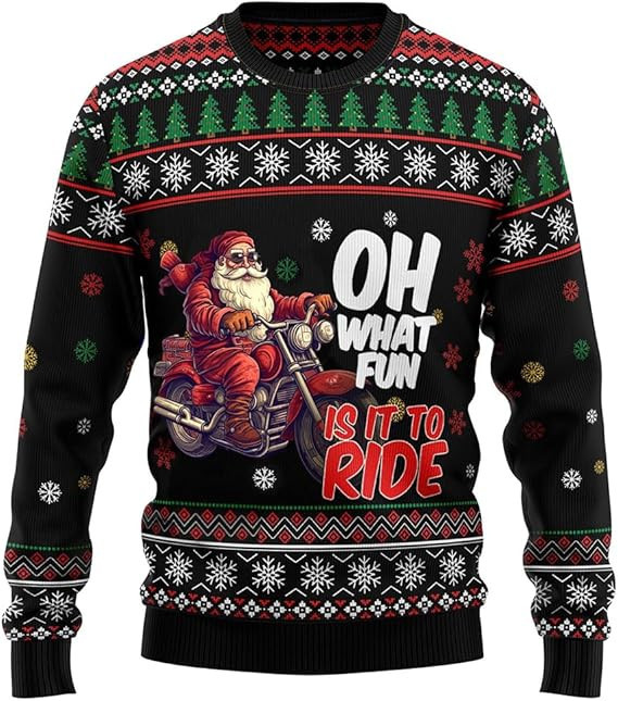 Funny Santa Riding Motorbike Oh What Fun Is It To Ride Ugly Christmas Sweater