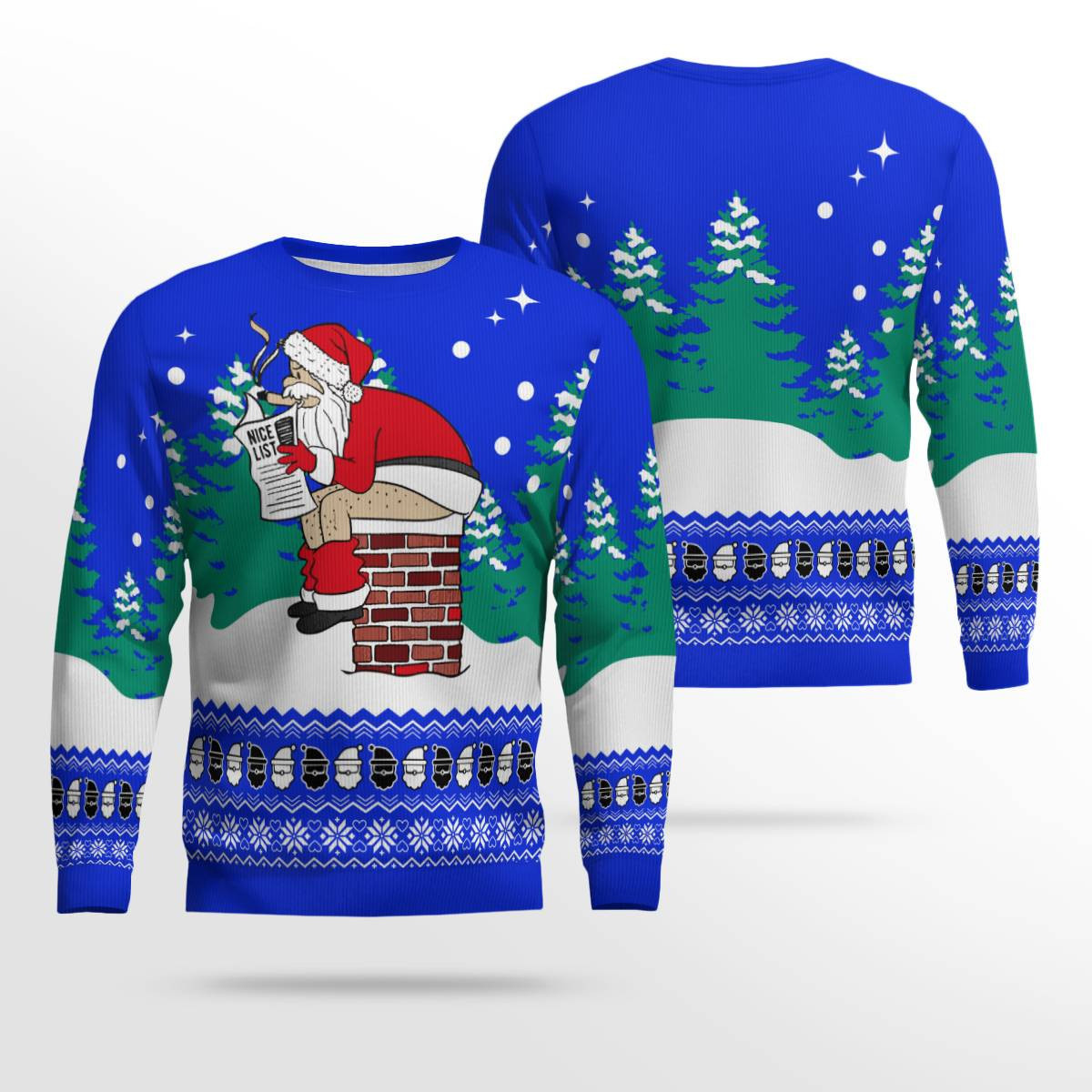 Funny Santa Sits On The Chimney Ugly Christmas Sweater Blue