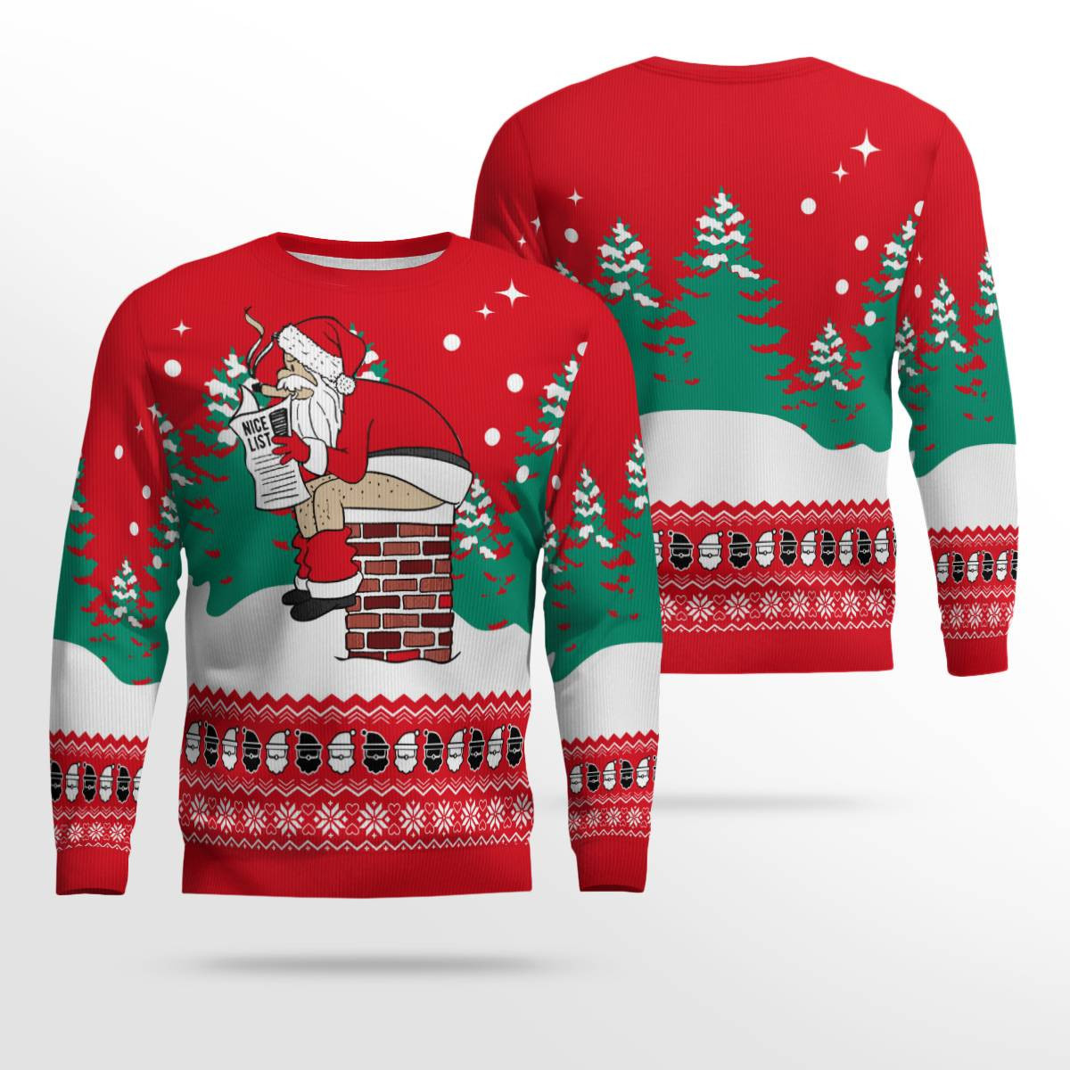 Funny Santa Sits On The Chimney Ugly Christmas Sweater Red
