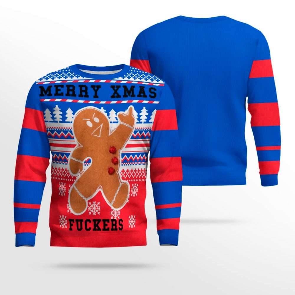 Gingerbread Merry Xmas Fuckers Ugly Christmas Sweater Blue