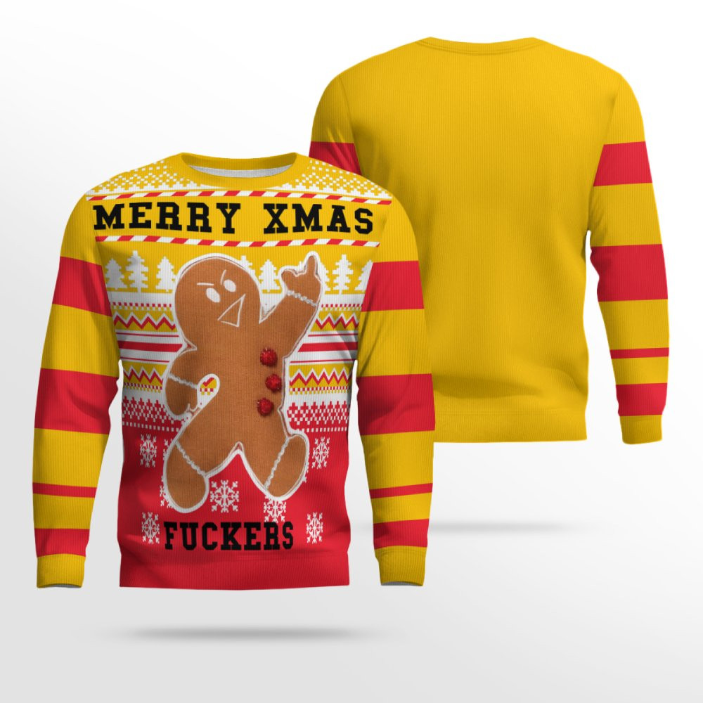 Gingerbread Merry Xmas Ugly Christmas Sweater Gold Metallic