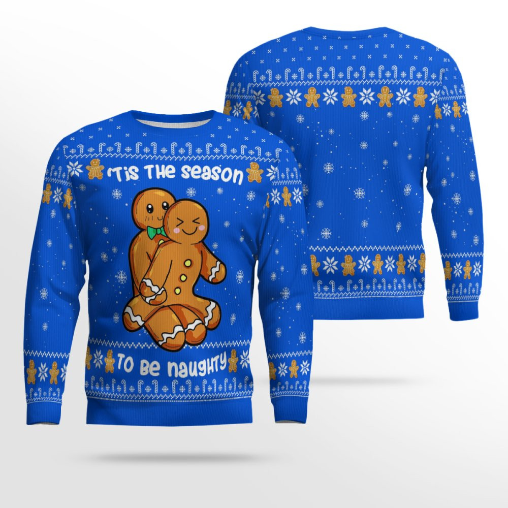 Gingerbread Tis The Season To Be Naughty Christmas Sweater Blue