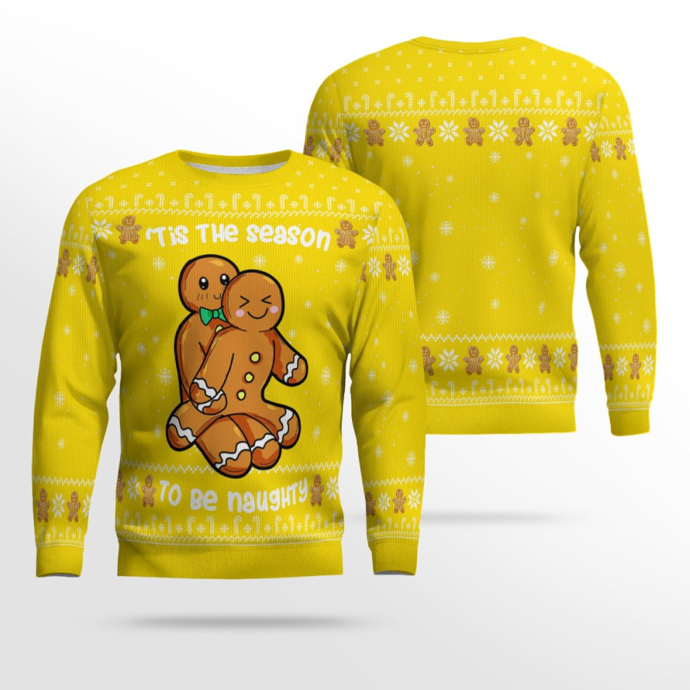 Gingerbread Tis The Season To Be Naughty Christmas Sweater Golden Yellow