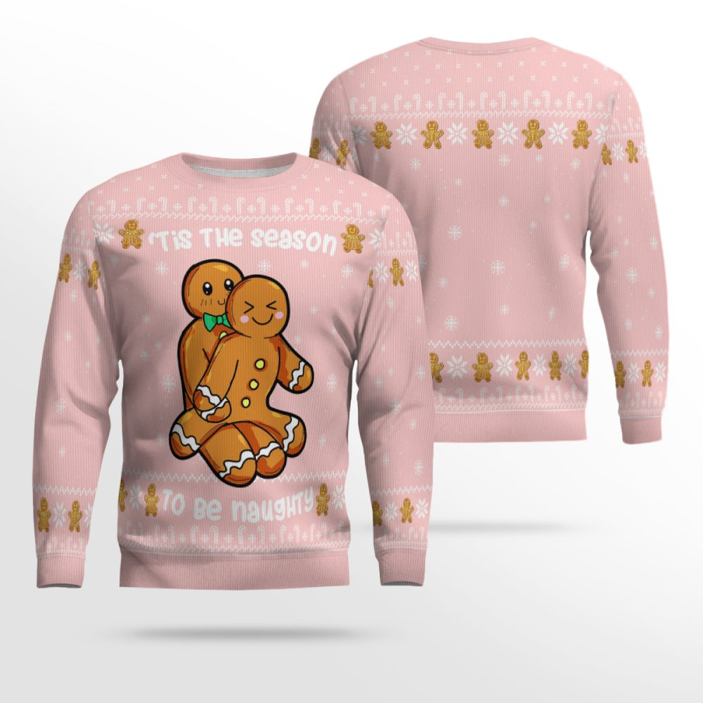 Gingerbread Tis The Season To Be Naughty Christmas Sweater Powder Pink