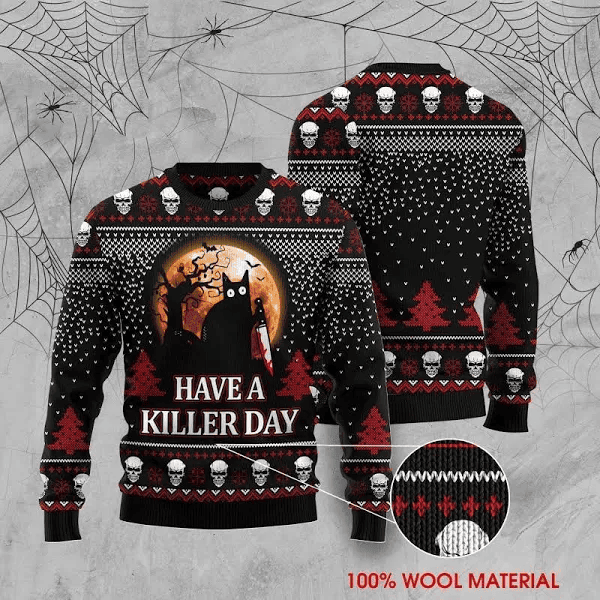 Halloween Cat Horror Have A Killer Day Ugly Sweater