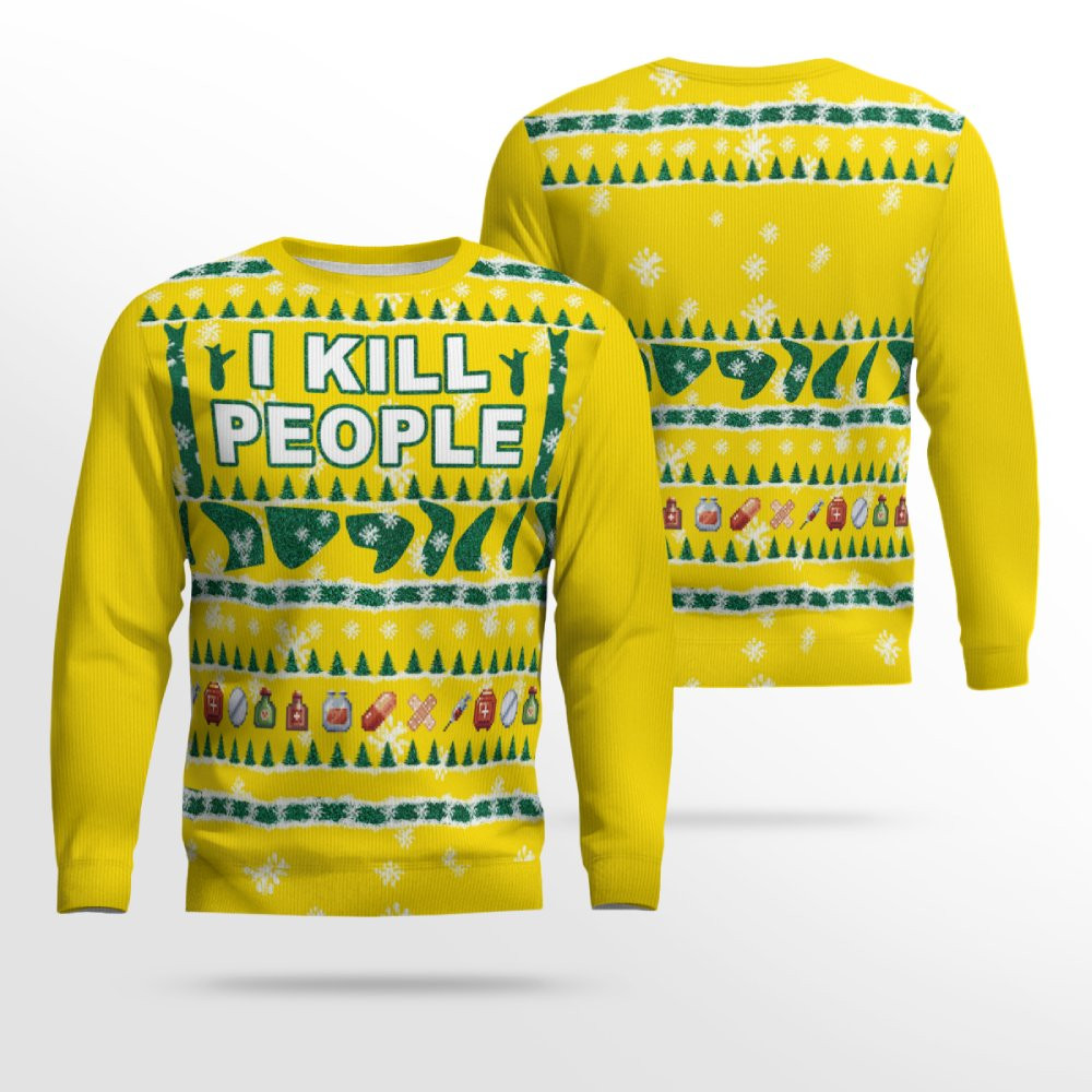 I Kill People Ugly Christmas Sweater Golden Yellow