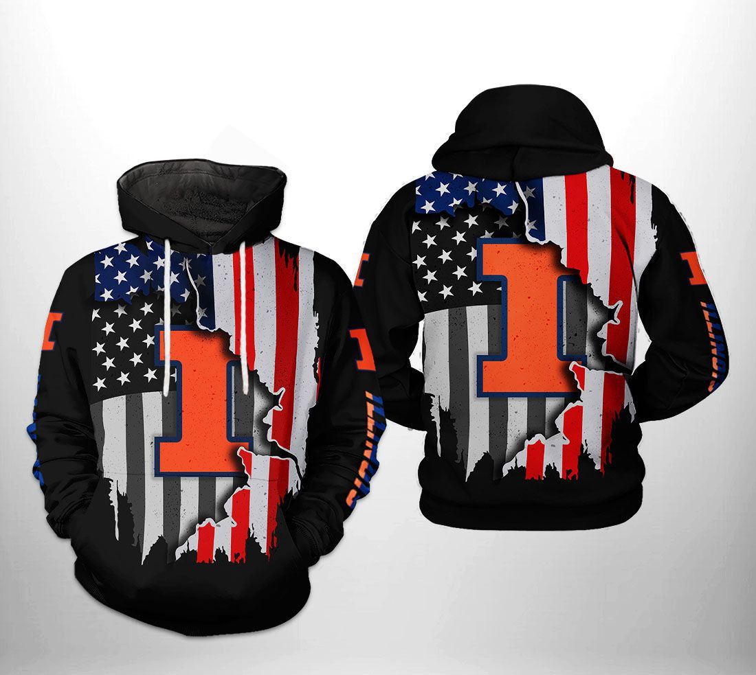 Illinois Fighting Illini NCAA US Flag Hoodie Zip Hoodie Version 1065