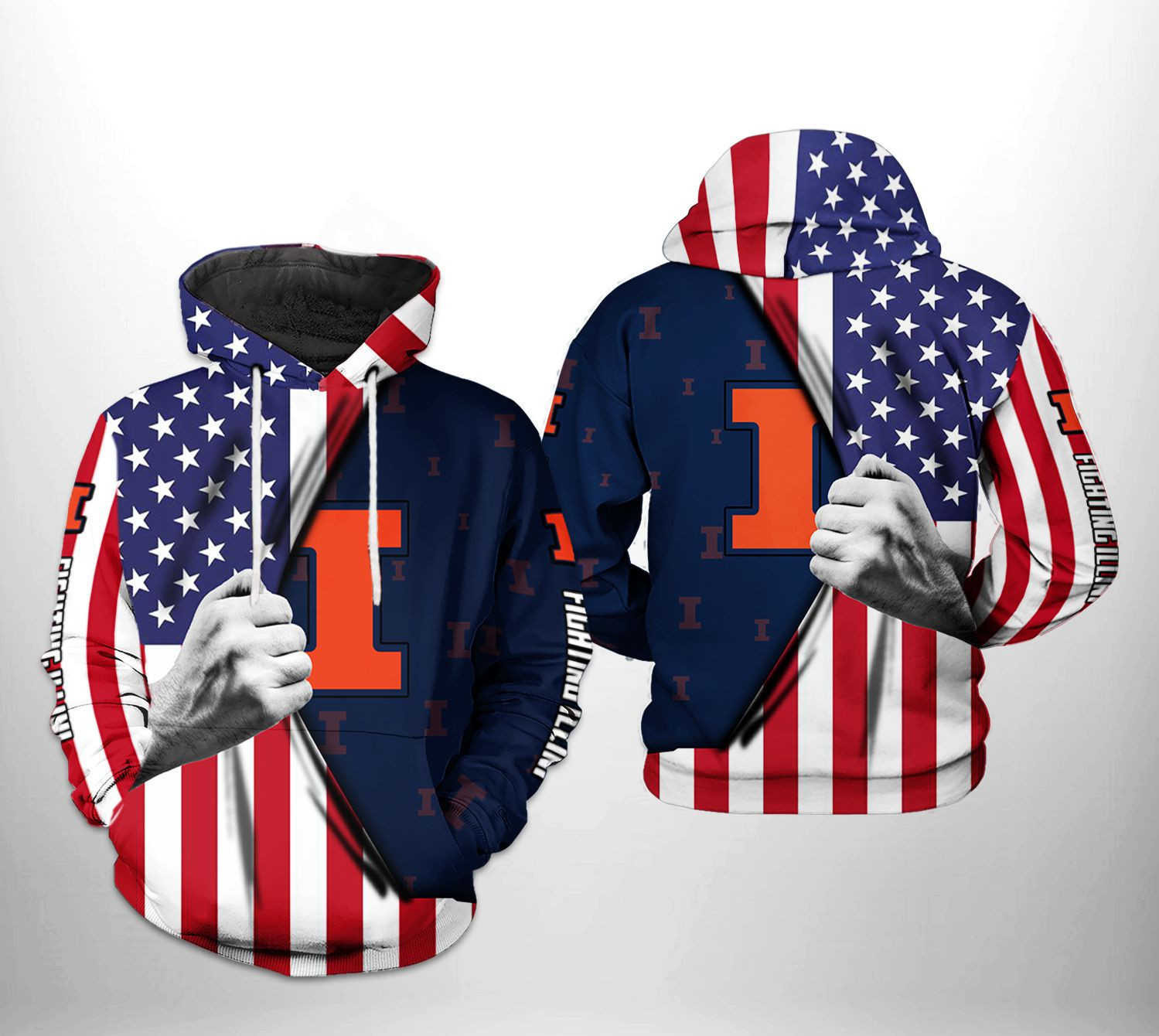 Illinois Fighting Illini NCAA US Flag Hoodie Zip Hoodie Version 1075