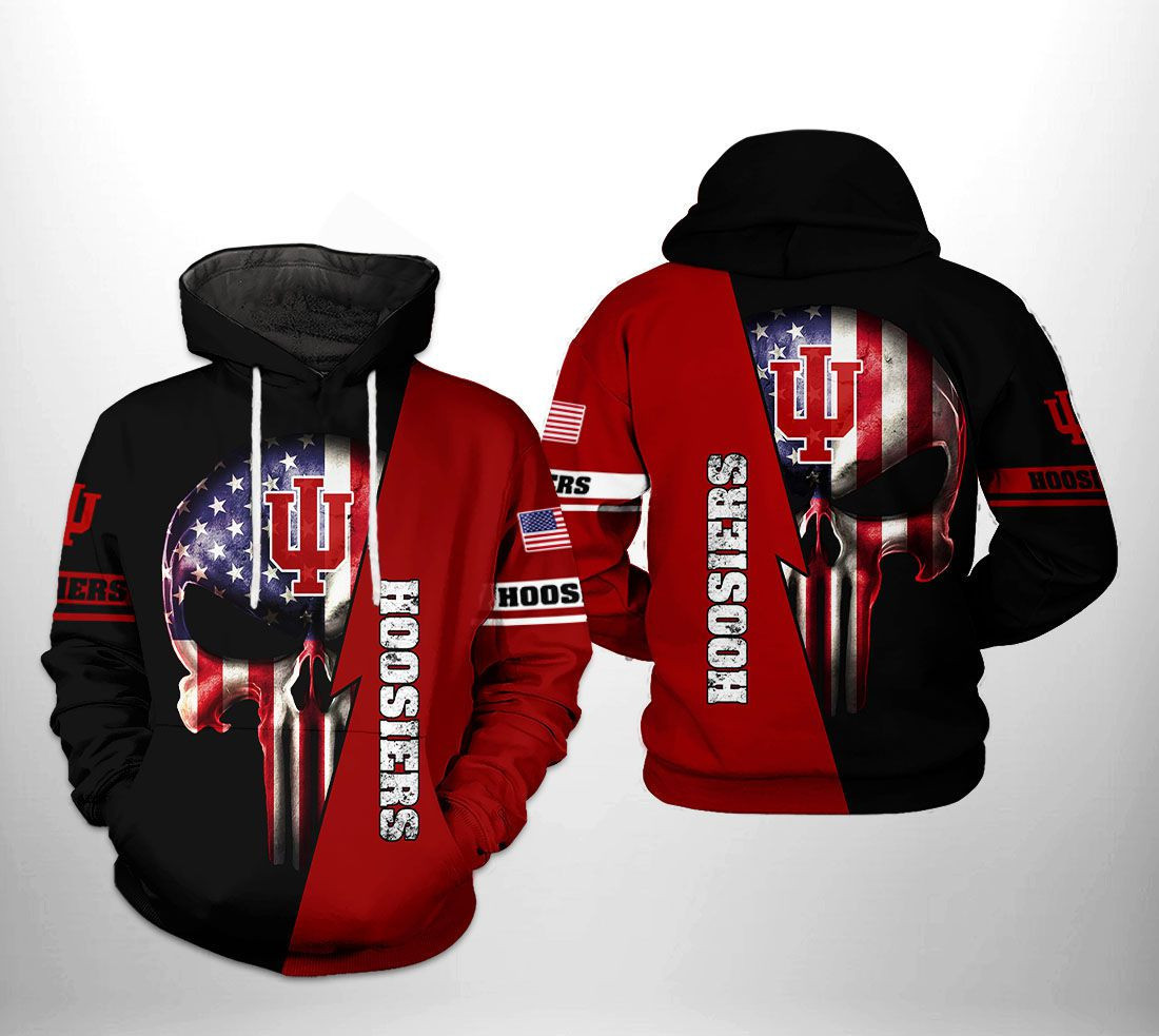 Indiana Hoosiers NCAA US Flag Skull Hoodie Zip Hoodie