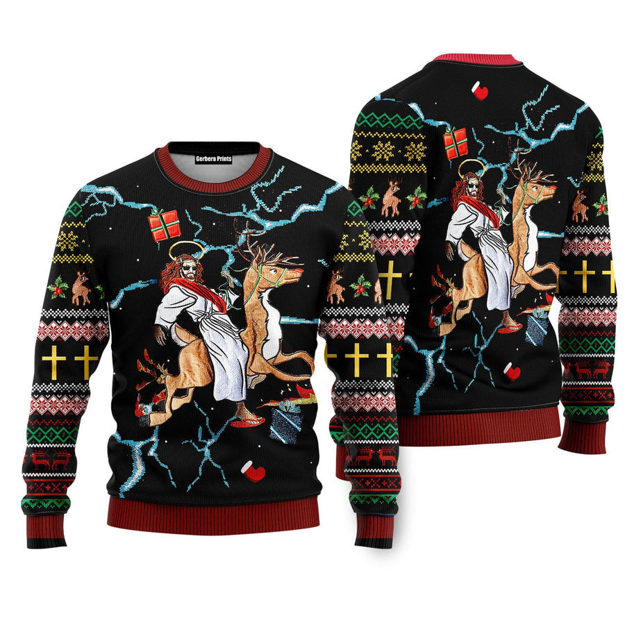 Jesus Riding Reindeer Black Christmas Ugly Christmas Sweater