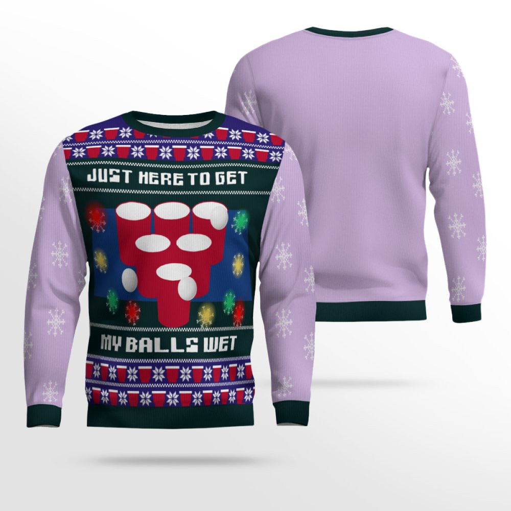 Just Here to Get My Balls Wet Beer Pong Ugly Christmas Sweater Dreamy Lavender