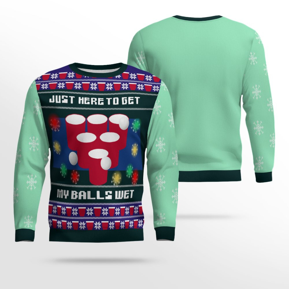 Just Here to Get My Balls Wet Beer Pong Ugly Christmas Sweater Seafoam Green