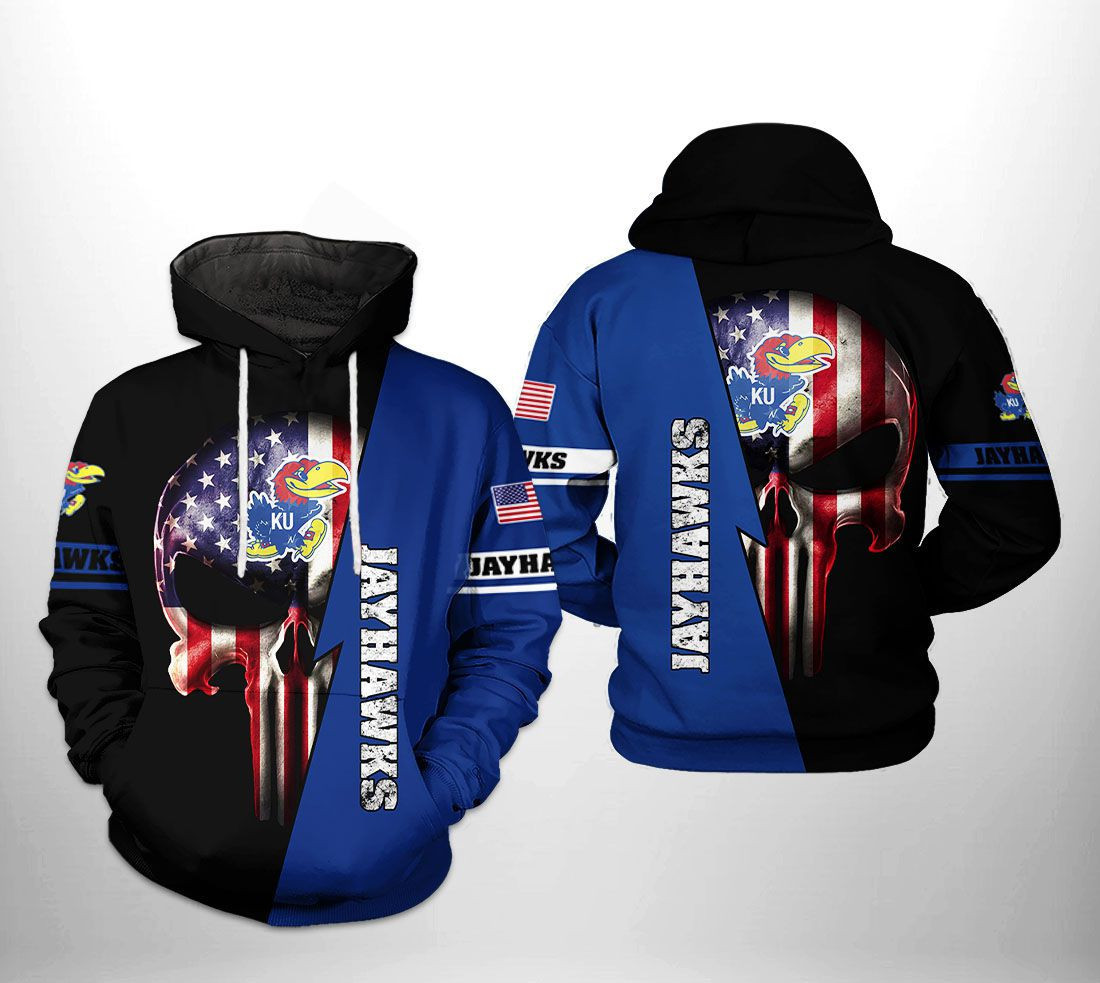 Kansas Jayhawks NCAA US Flag Skull Hoodie Zip Hoodie