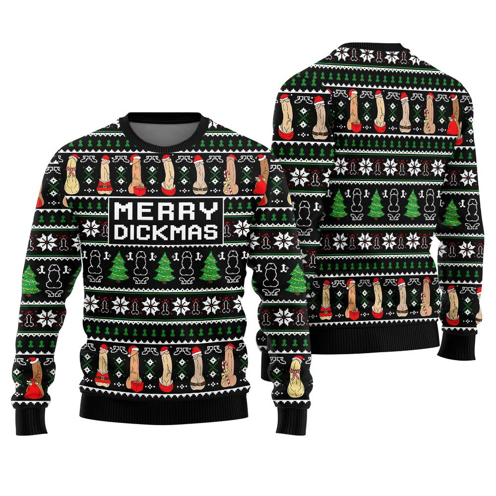 Merry Dickmas Inappropriate Mens Ugly Christmas Sweater Black