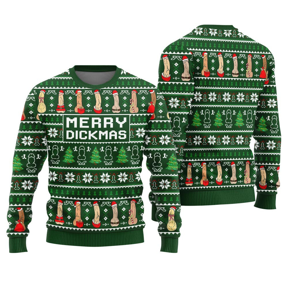 Merry Dickmas Inappropriate Mens Ugly Christmas Sweater Green