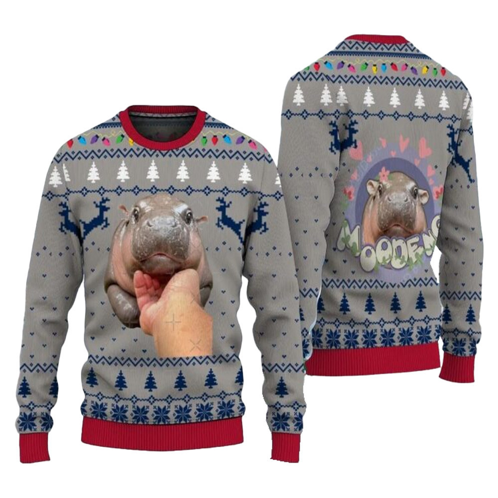 Moo Deng Bouncy Hippo Ugly Christmas Sweater