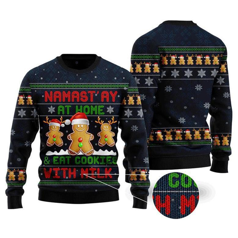 Namastay At Home Eat Cookies With Milk Gingerbread Christmas Sweater