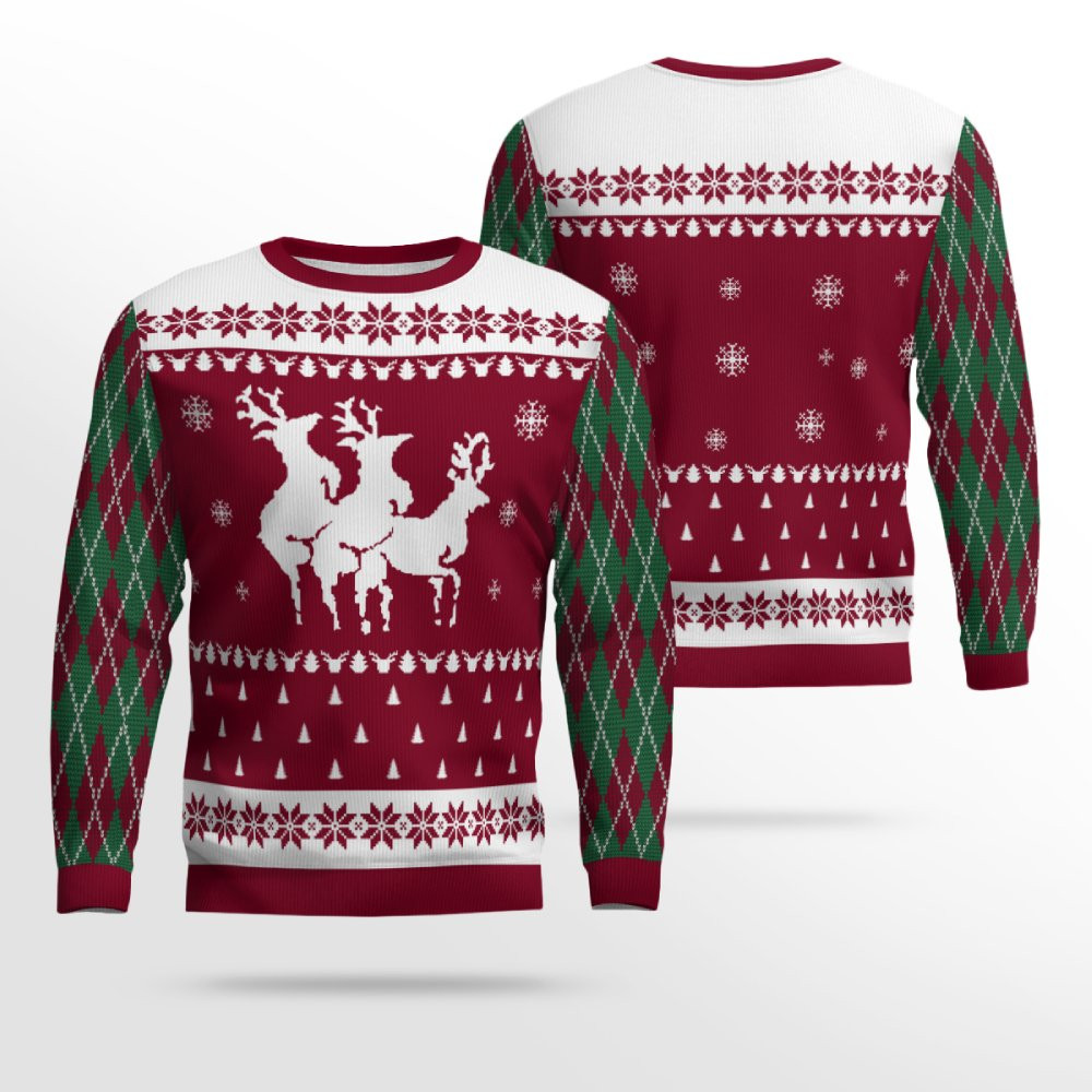 Naughty Reindeer Threesome Ugly Christmas Sweater Burgundy