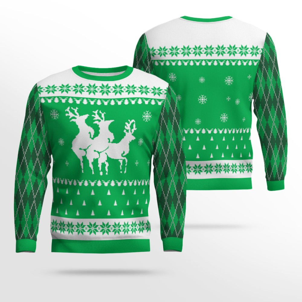 Naughty Reindeer Threesome Ugly Christmas Sweater Green