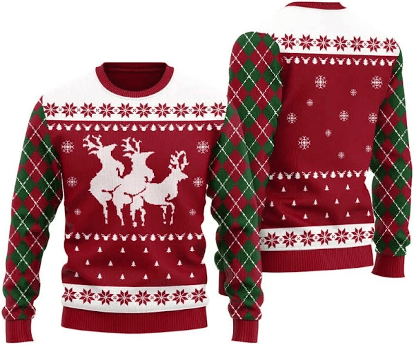 Naughty Reindeer Threesome Ugly Christmas Sweater Red