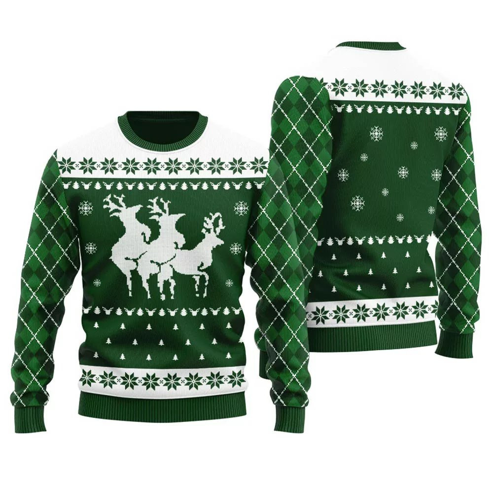 Naughty Threesome Reindeer Ugly Christmas Sweater Green