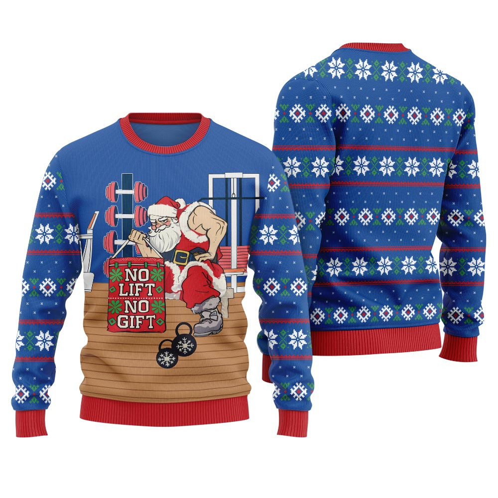 No Lift No Gift Gym Santa Ugly Christmas Sweater Blue