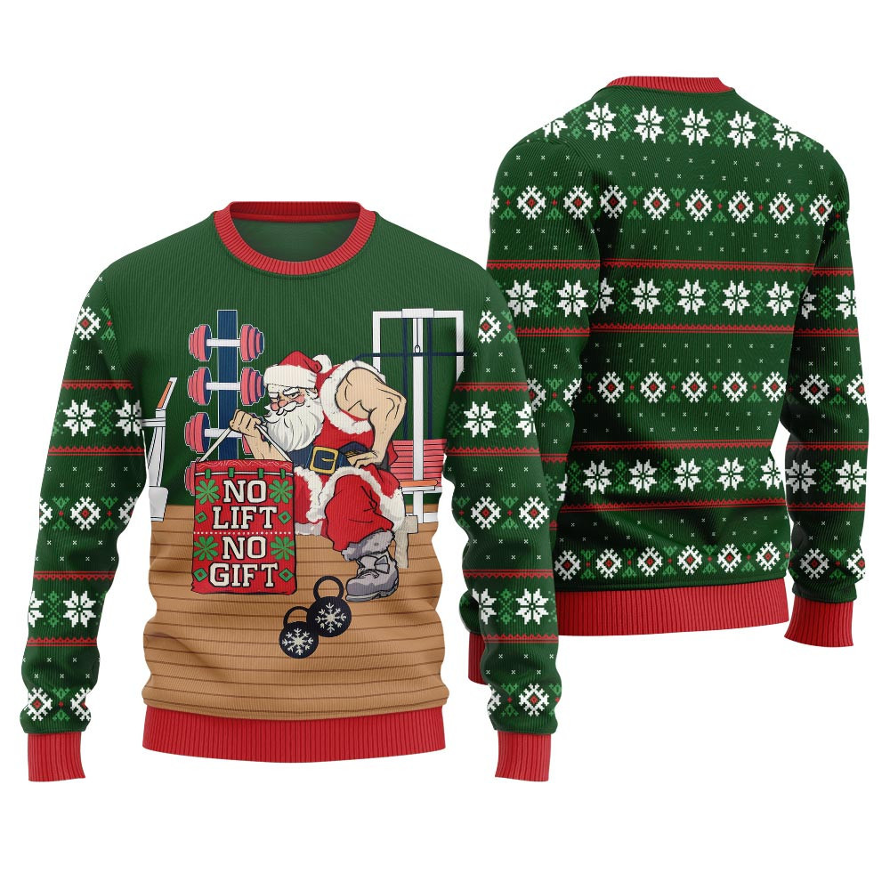 No Lift No Gift Gym Santa Ugly Christmas Sweater Green