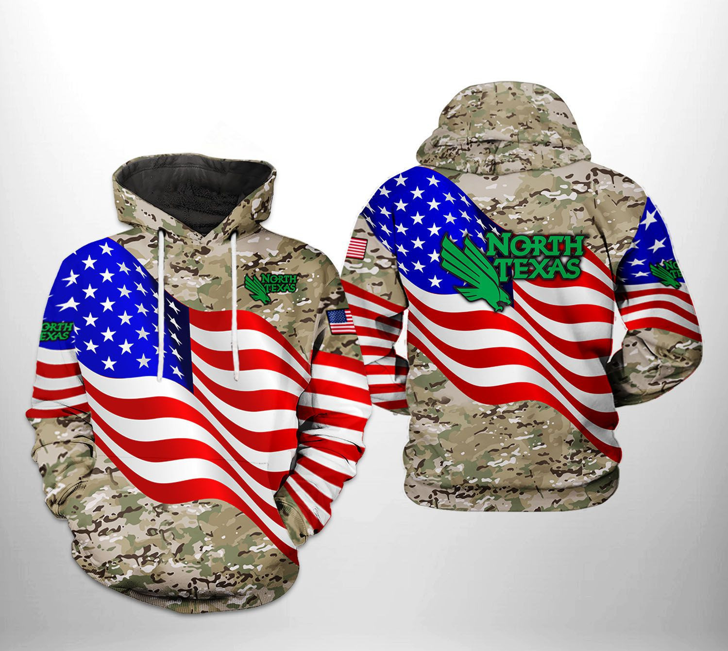 North Texas Mean Green NCAA US Flag Camo Veteran Hoodie Zip Hoodie
