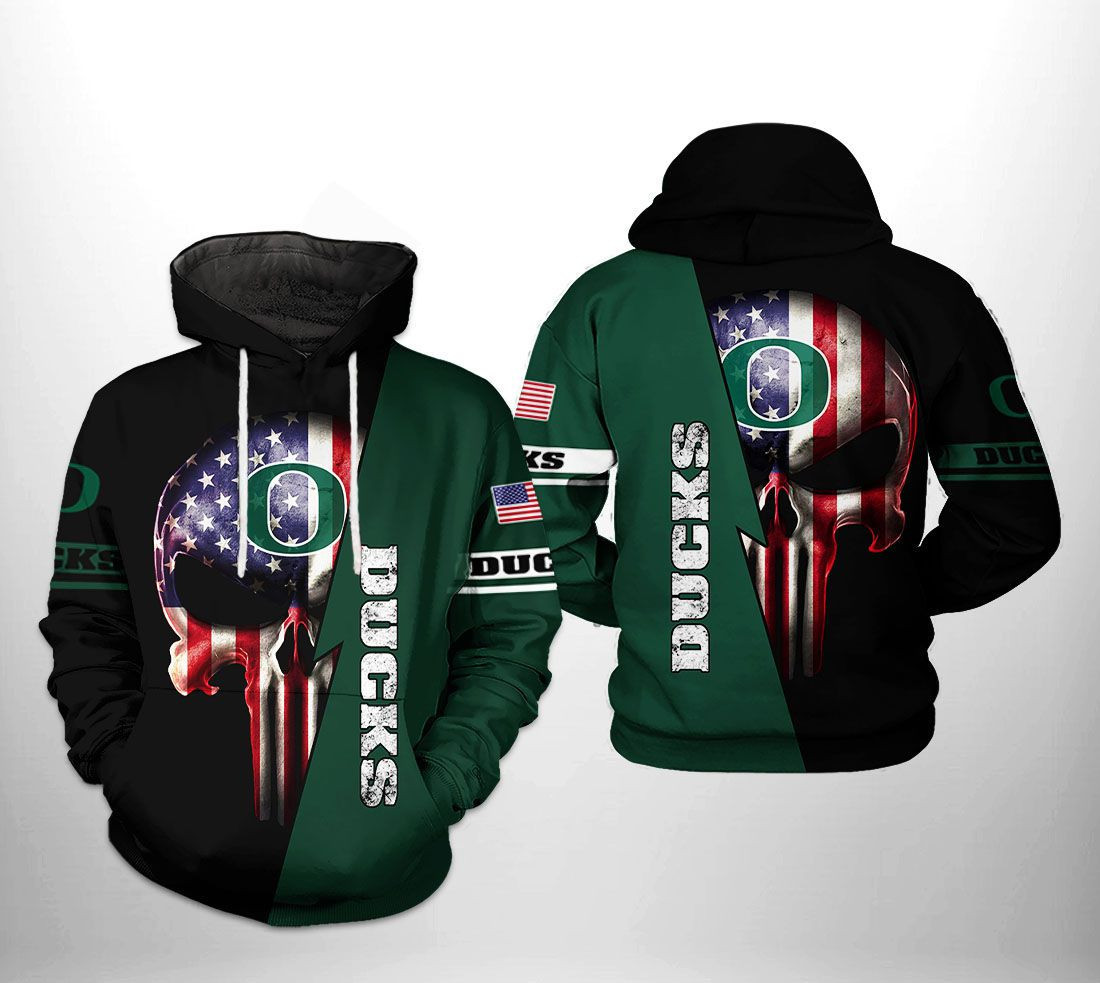 Oregon Ducks NCAA US Flag Skull Hoodie Zip Hoodie