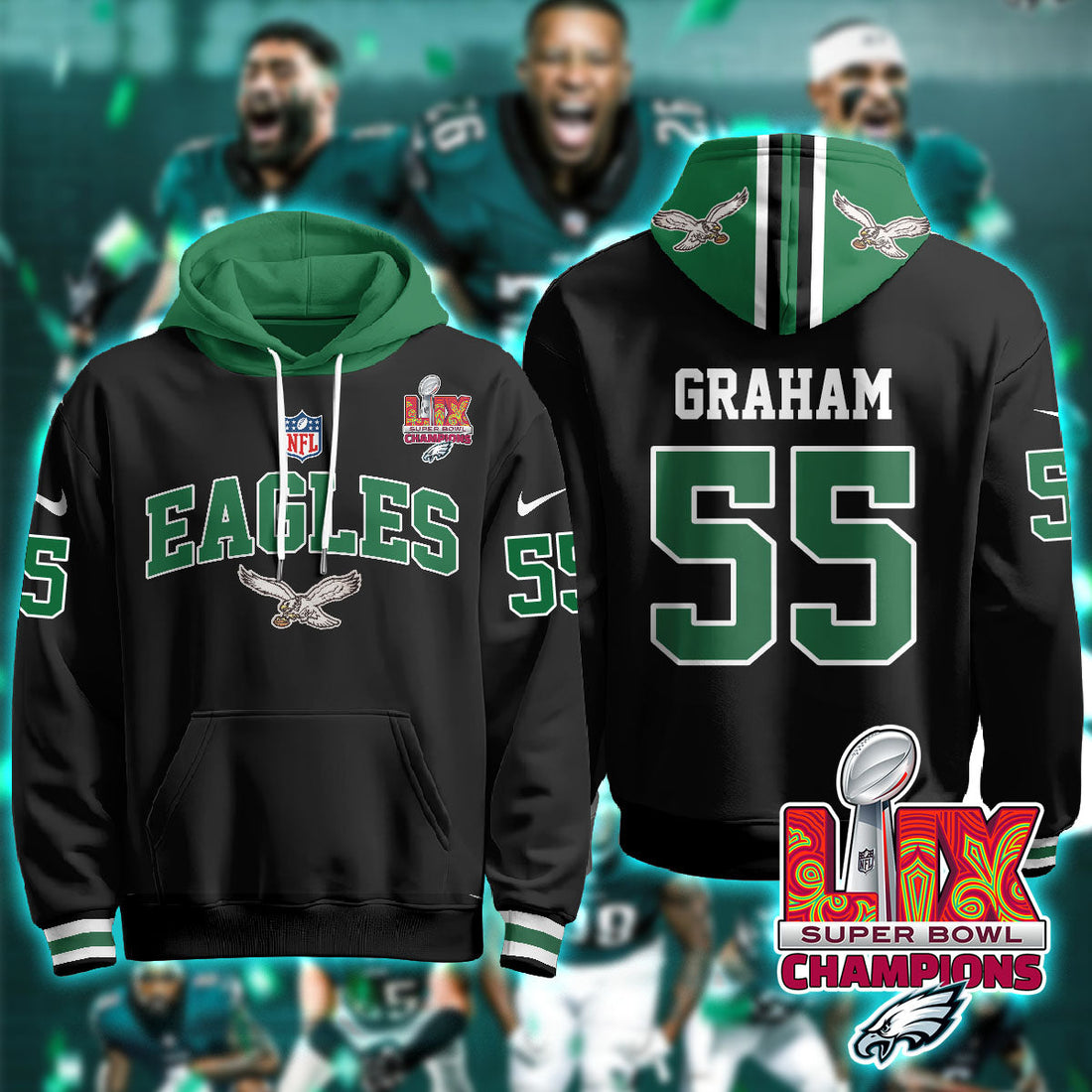 Philadelphia Eagles Graham 55 Super Bowl LIX Champions Black Hoodie