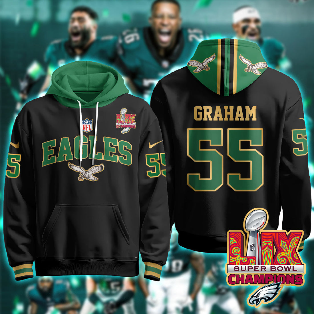Philadelphia Eagles Graham 55 Super Bowl LIX Champions Gold Black Hoodie