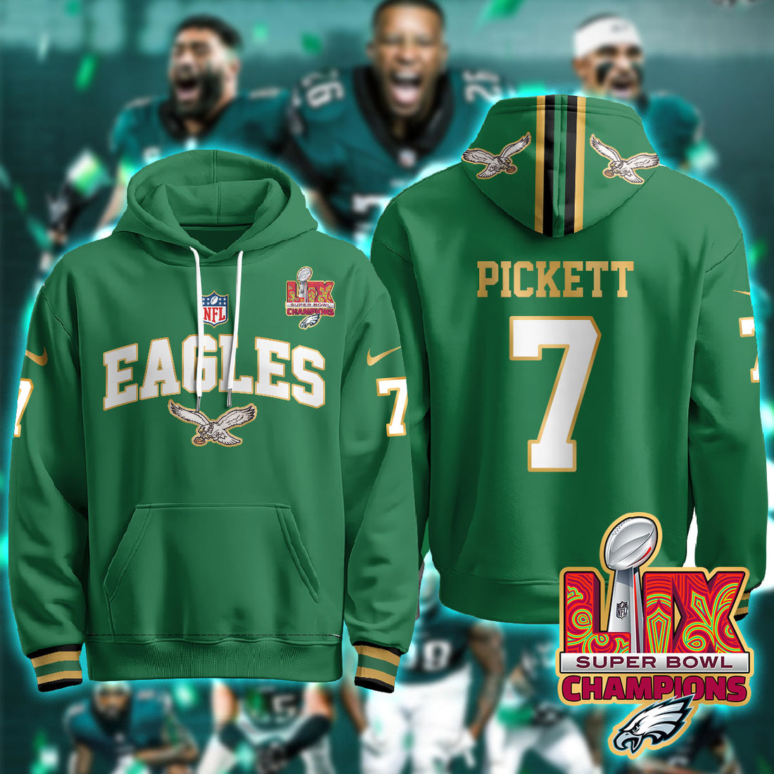 Philadelphia Eagles Pickett 7 Super Bowl LIX Champions Gold Green Hoodie