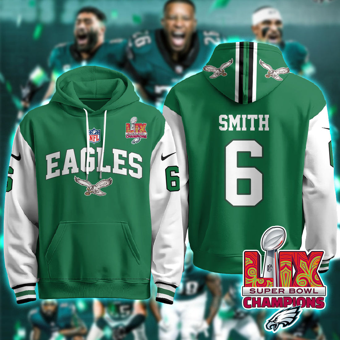 Philadelphia Eagles Smith 6 Super Bowl LIX Champions Green Alternate Hoodie