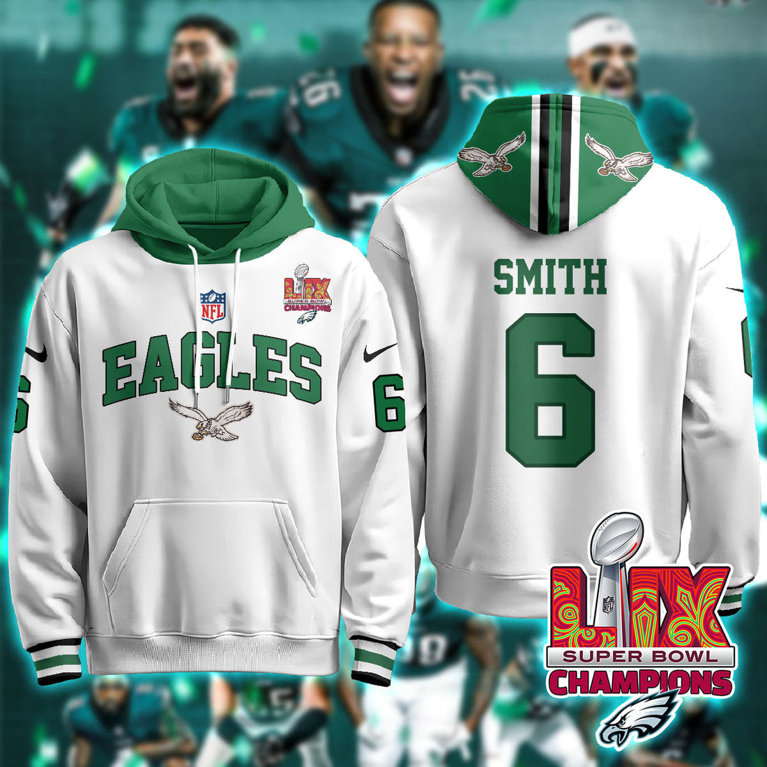 Philadelphia Eagles Smith 6 Super Bowl LIX Champions White Hoodie