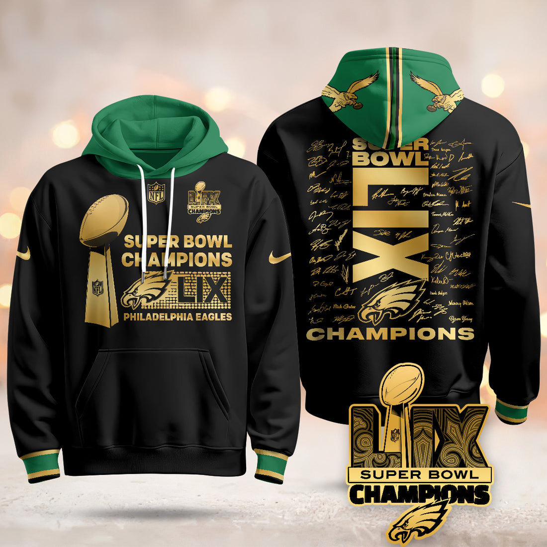 Philadelphia Eagles Super Bowl LIX Champions Roster Signing Gold Black Hoodie