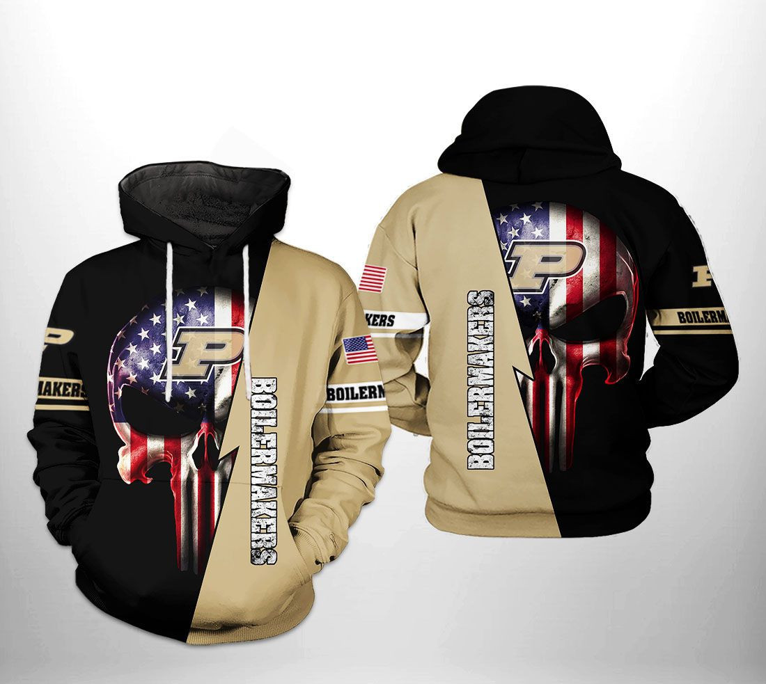 Purdue Boilermakers NCAA US Flag Skull Hoodie Zip Hoodie