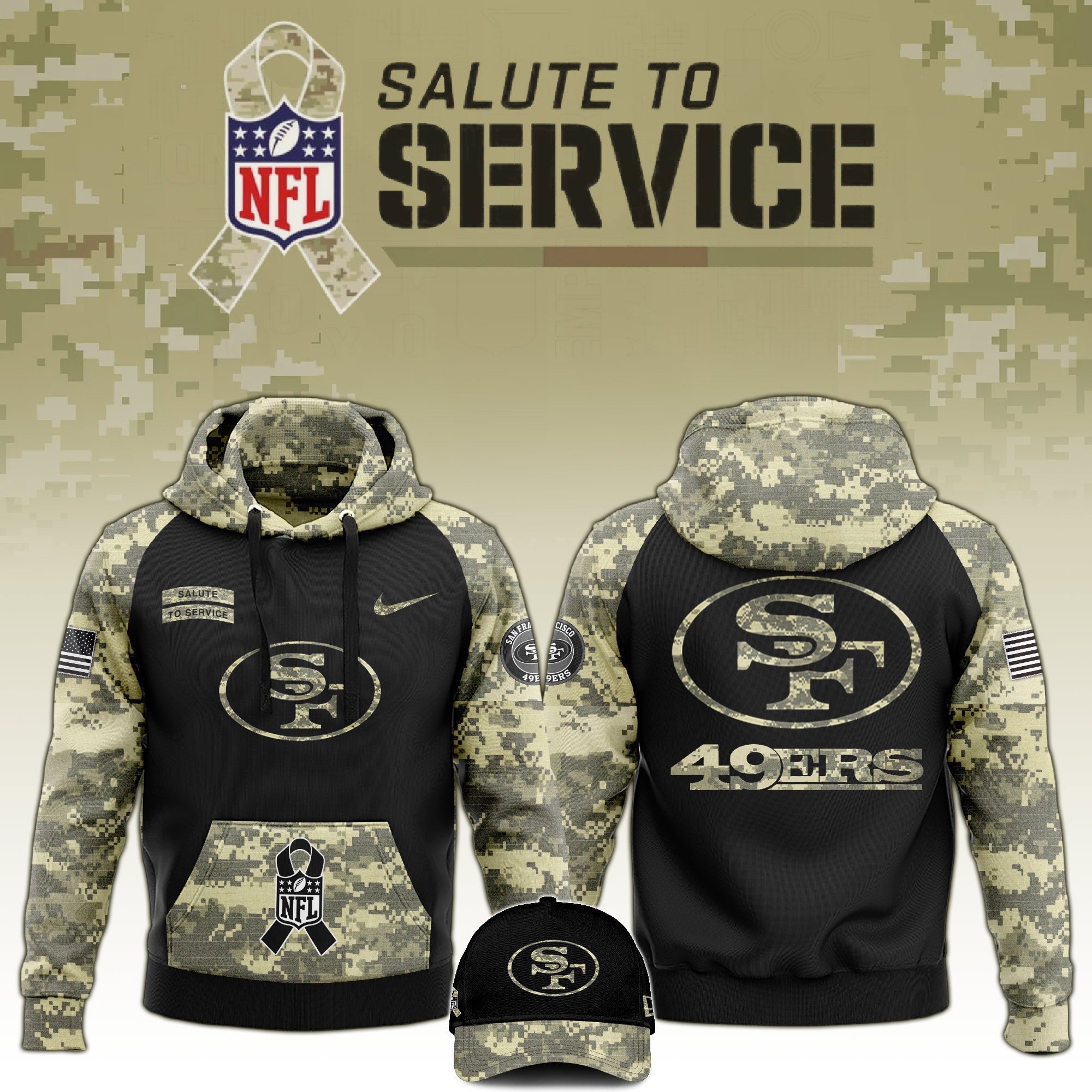 San Francisco 49ers Salute to Service Club Camo Hoodie And Hat Unique 49ers Merch For Fans