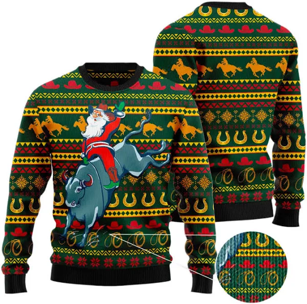 Santa Claus Mechanical Bull Rides Ugly Christmas Sweater