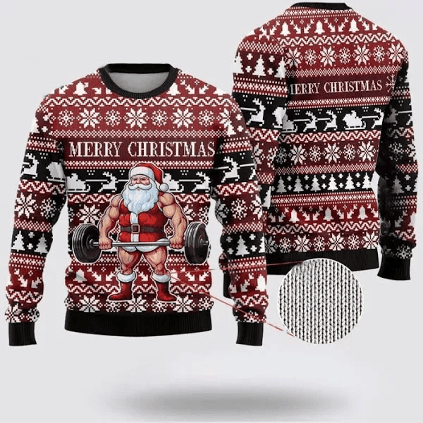Santa Weightlifting Ugly Christmas Sweater