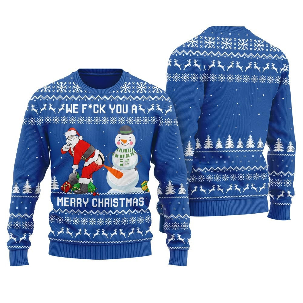 Snowman Stick a Carrot Up Santas Asshole Ugly Christmas Sweater Blue