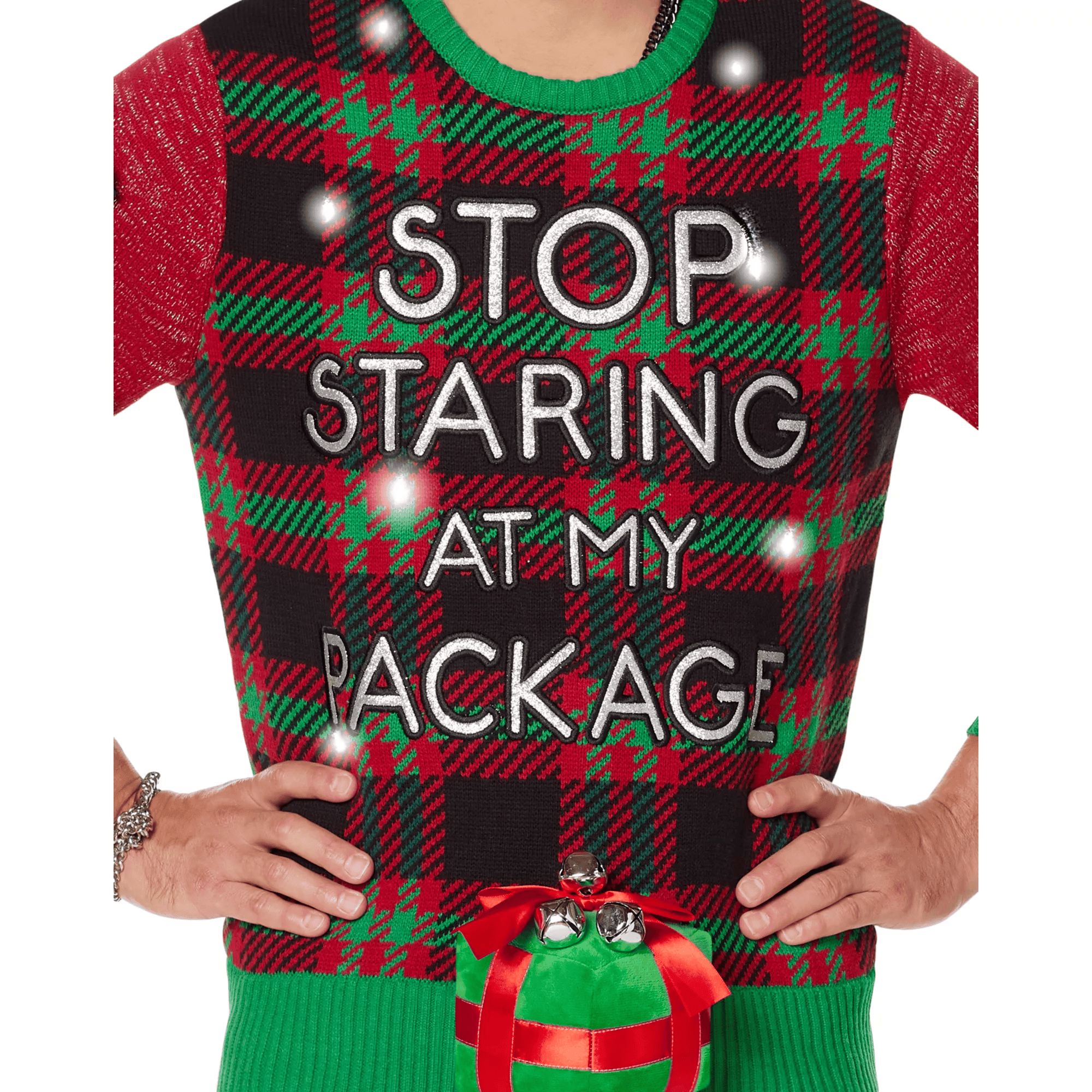 Stop Staring at My Package Ugly Christmas Sweater