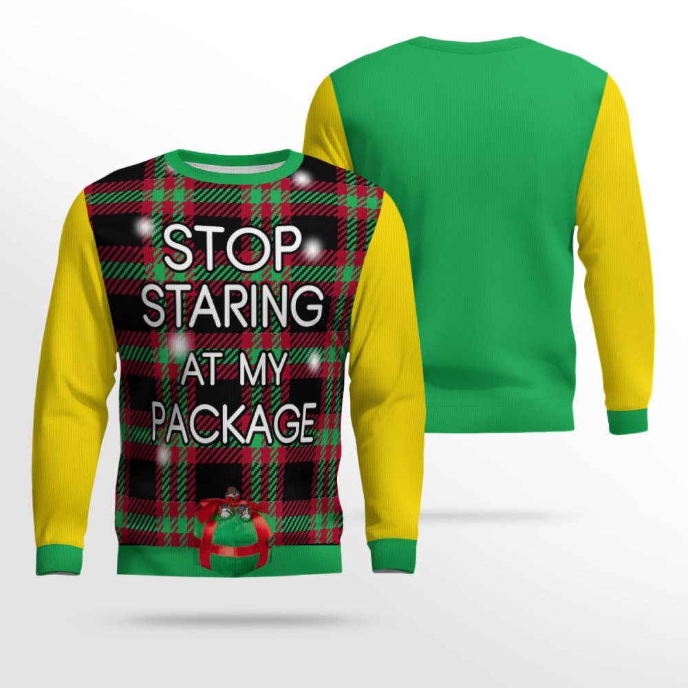 Stop Staring at My Package Ugly Christmas Sweater Golden Yellow